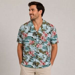 George Mens Tropical Floral Hawaiian Shirt Blue Pink Palm Tree Aloha Size S 0130